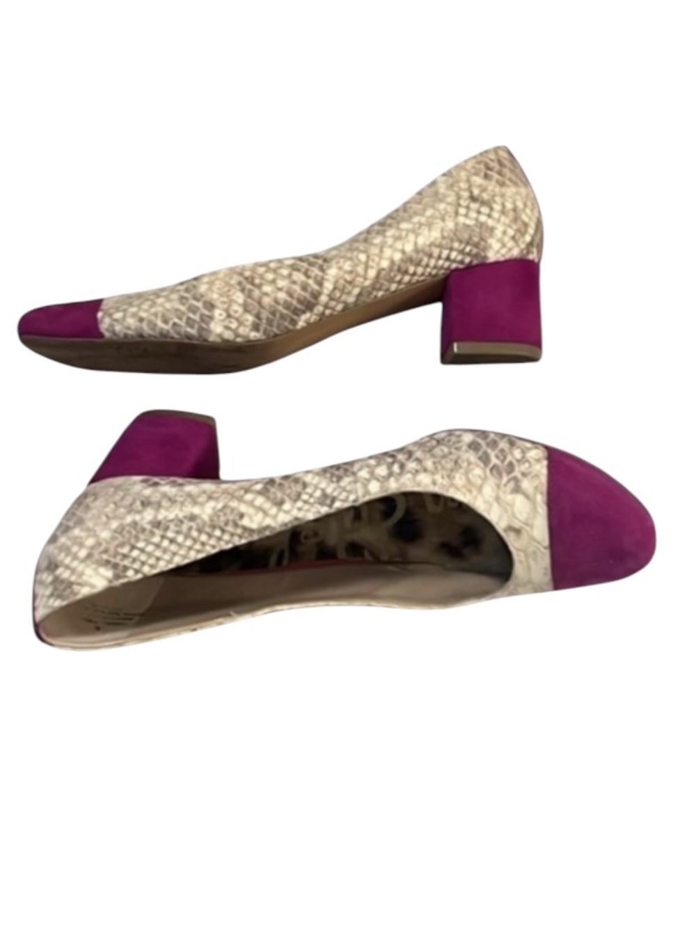 Sam Edelman Two Tone Cap Toe Purple Suede Block Heel Cream Snake Embossed Pump